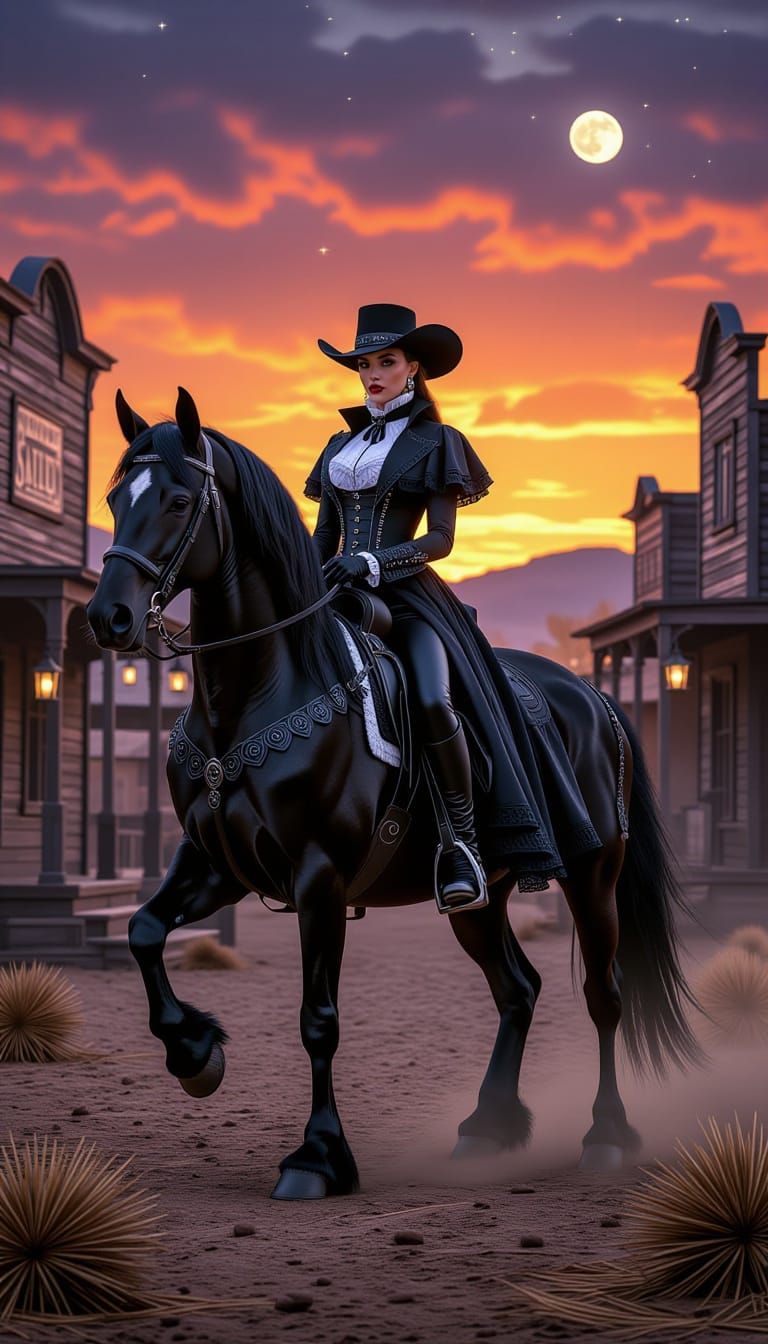 Gothic Cowgirl on Rearing Horse at Sunset