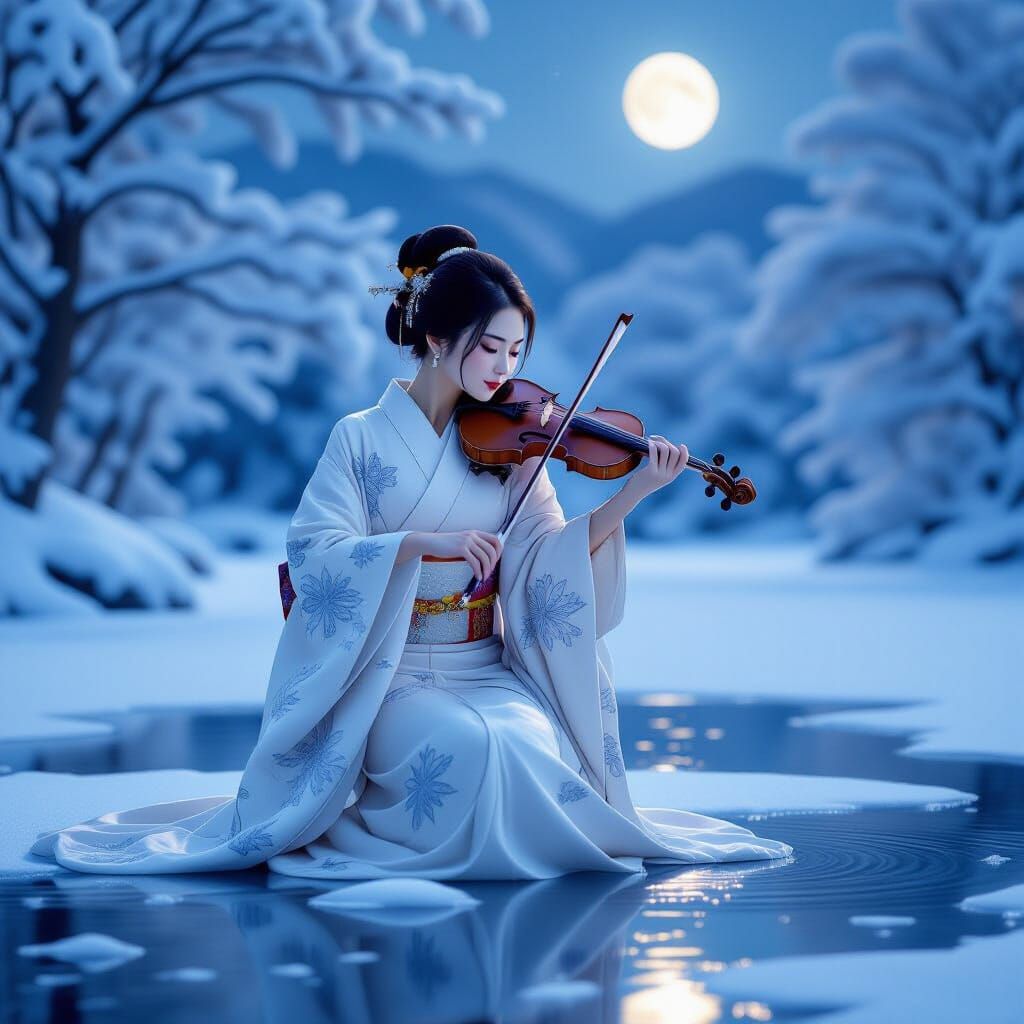 Japanese Woman Plays Violin on Frozen Lake Under Moonlight