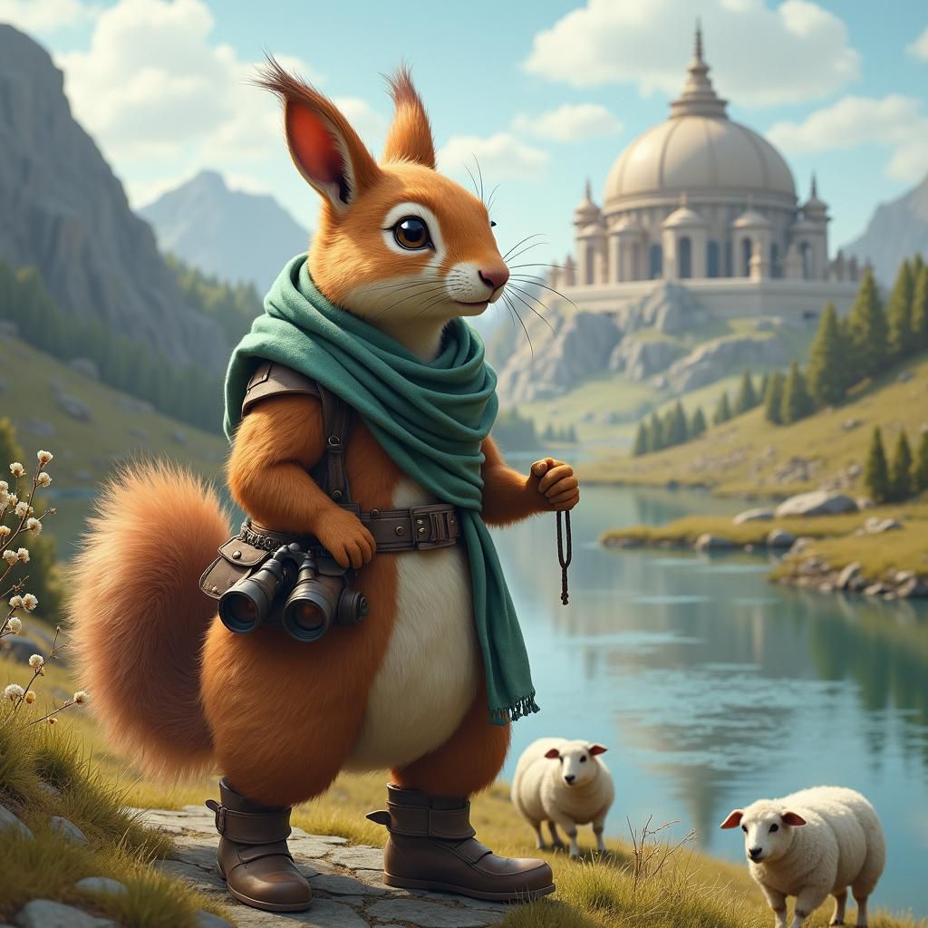 Mystical Squirrel Shepherd with Sheep