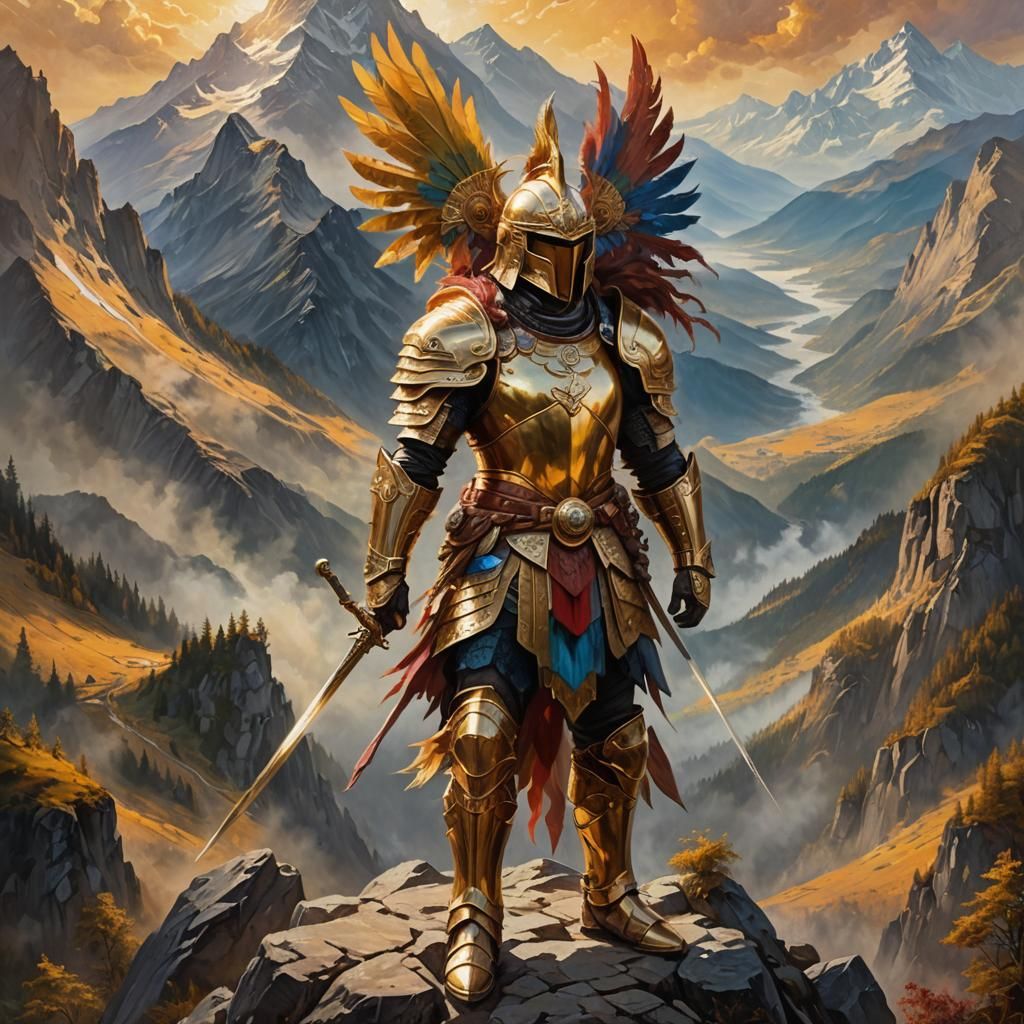 Legendary Warrior in Golden Armor, Oil Painting