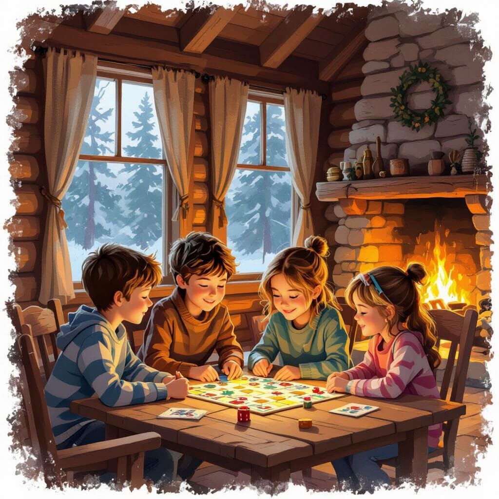 Children Play Board Game in Cozy Forest Cabin
