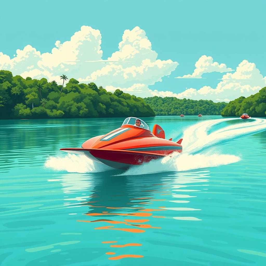 Turquoise Water Racing Hydroplane in Vibrant Stylized Illust...
