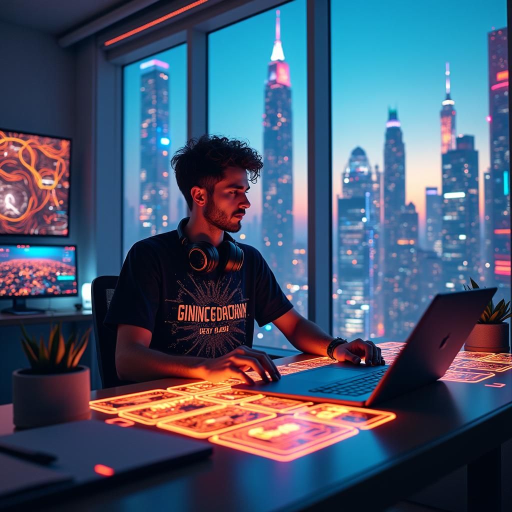 Graphic Design Student Surrounded by Algorithmic Art