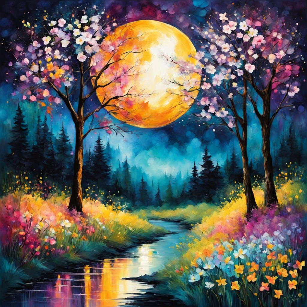"Spring night, Detailed textured mixed media artwork consist...