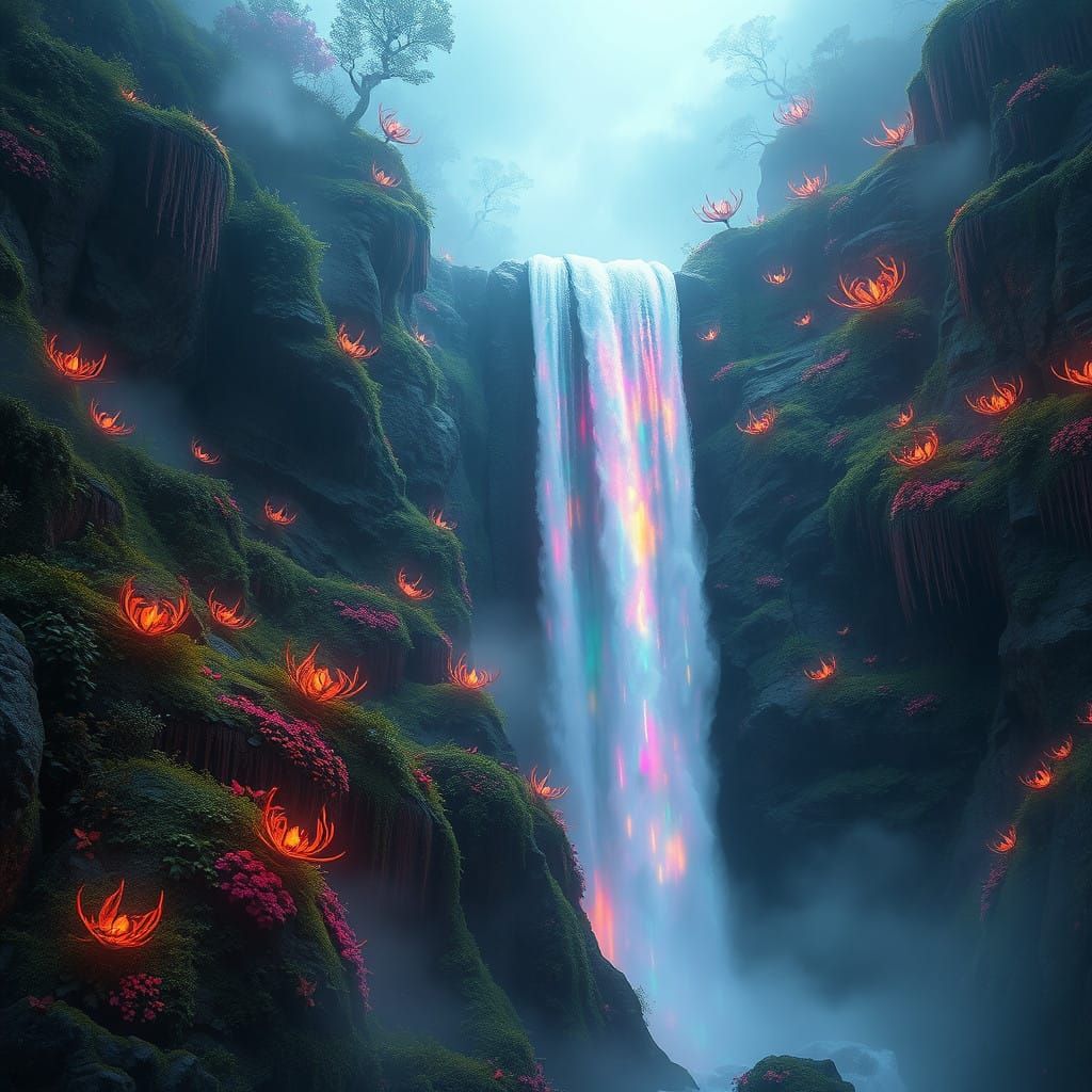 Surreal Waterfall Cascade in Vibrant Iridescent Hues