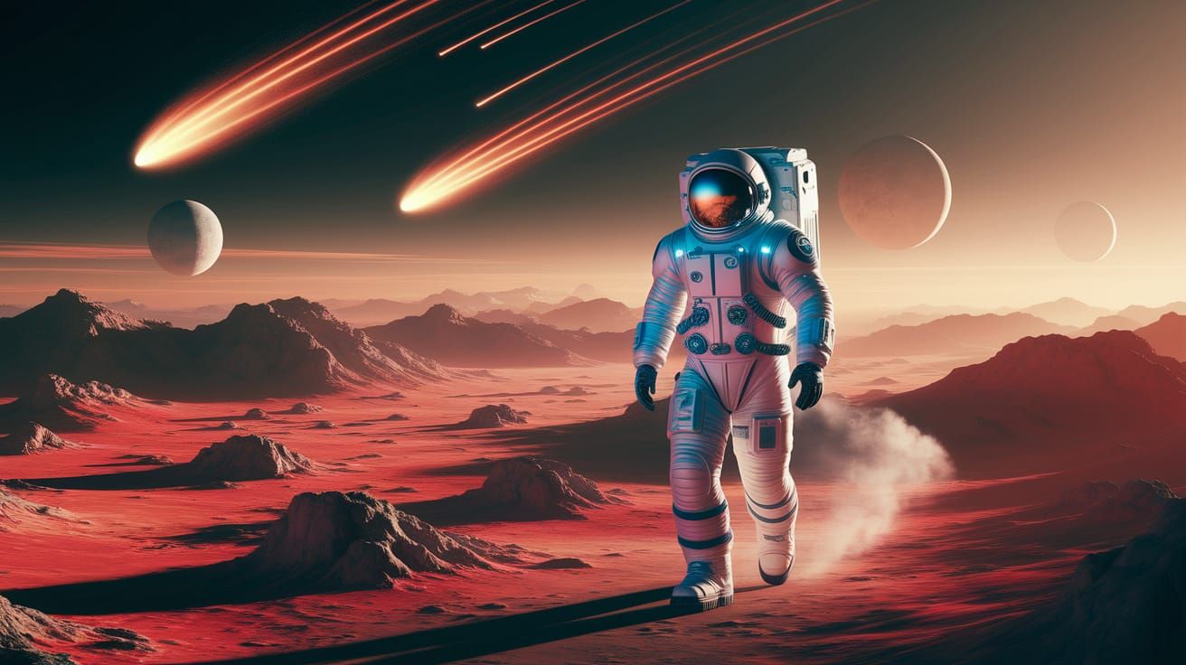 Astronaut on Alien Planet with Meteor Shower