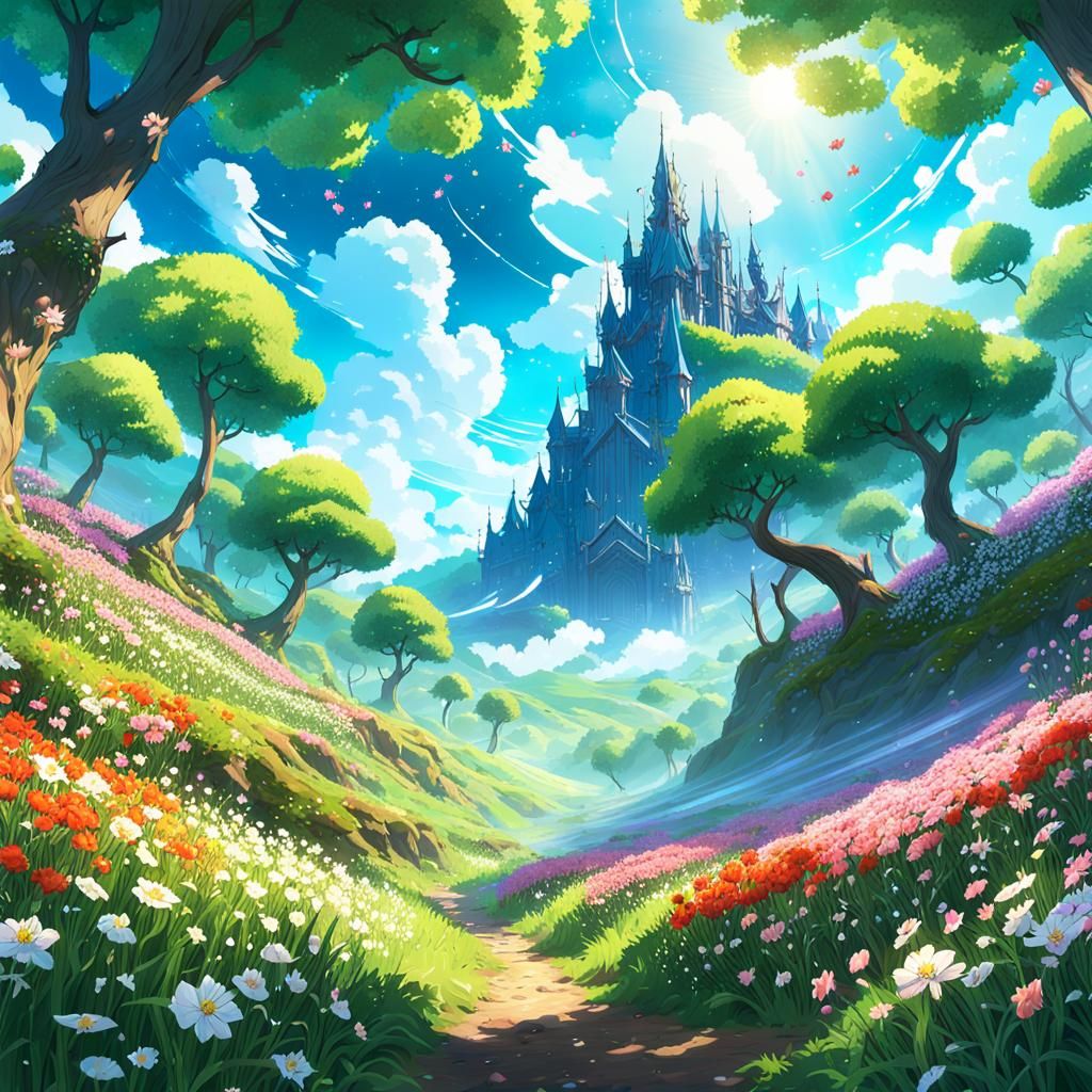Lush Flower Meadow with Distant Planet, 3D Anime Art