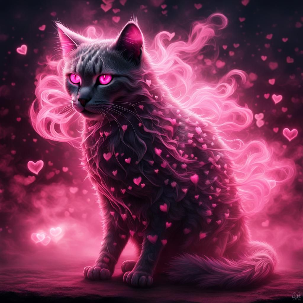 Ghost Cat with Pink Hearts Fantasy Art