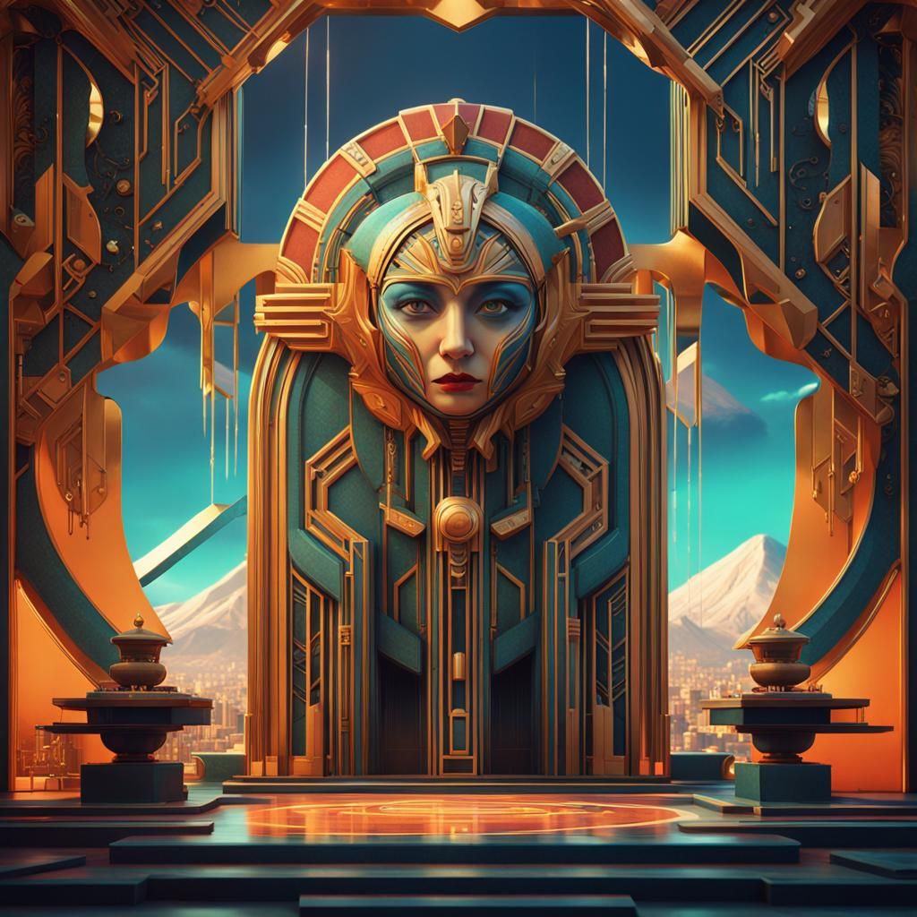 a surreal character in the style of Art Deco, known for its ...