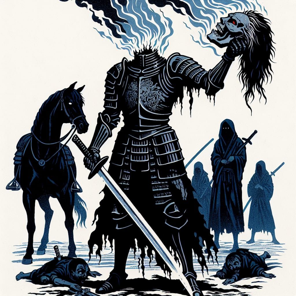 Headless Paladin with Flaming Steed: Ukiyo-e Style