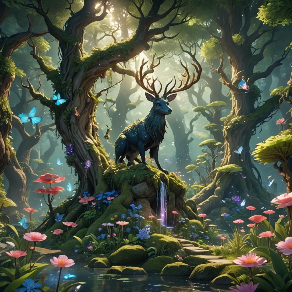 Enchanted Forest with Mythical Creatures in Anime Style