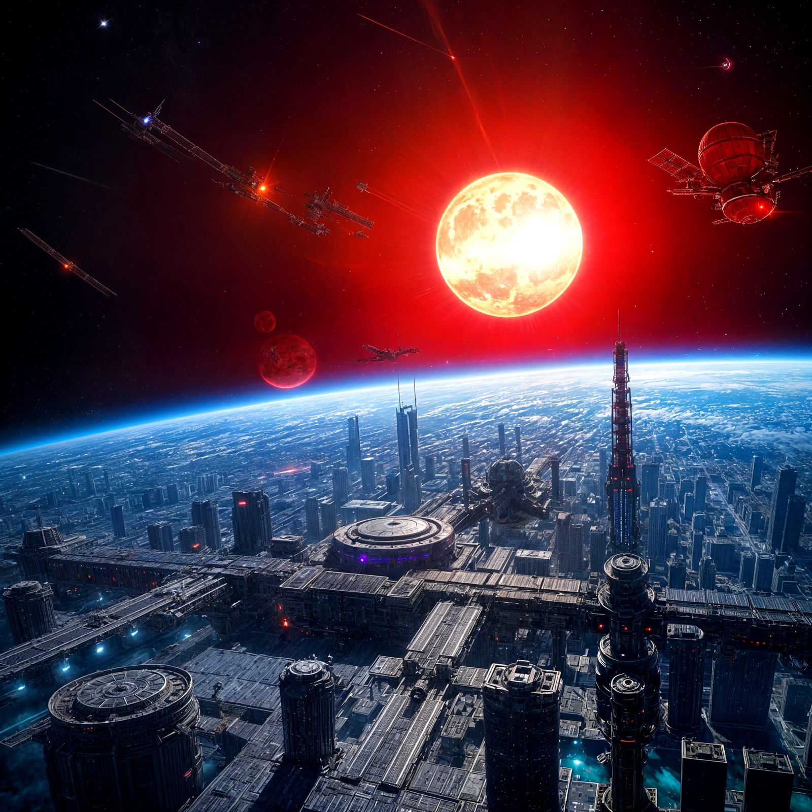 Massive Space Station City Bathed in Dual Blue and Red Sunli...