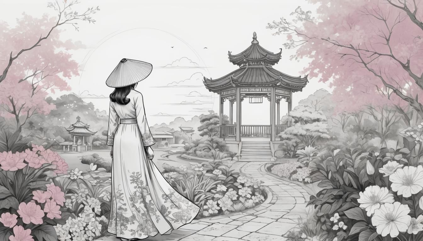 Vietnamese Ao Dai in Vibrant Garden: Line Art