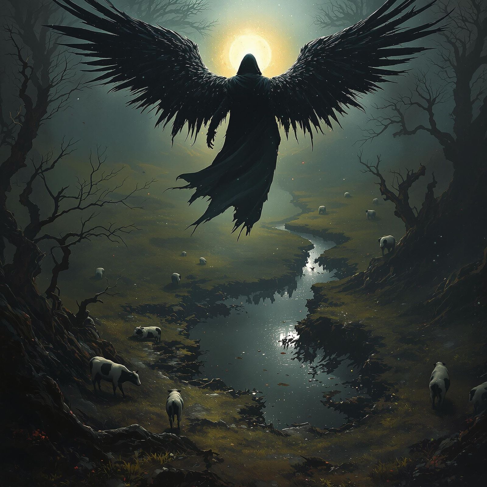 Evil Angel Lofts Ominous Gaze Over Cows in a Haunting Swamp...