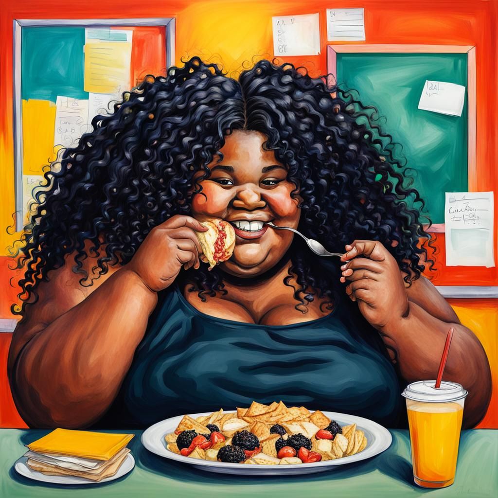 Abstract Portrait of Overweight Girl Eating Lunch