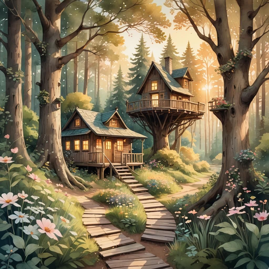 Whimsical Cabin in the Woods Watercolor Illustration