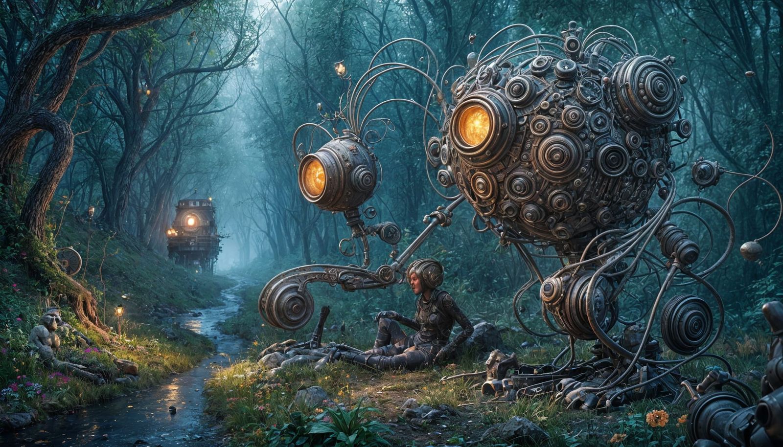 Lost Android on Country Road in Matte Painting Style