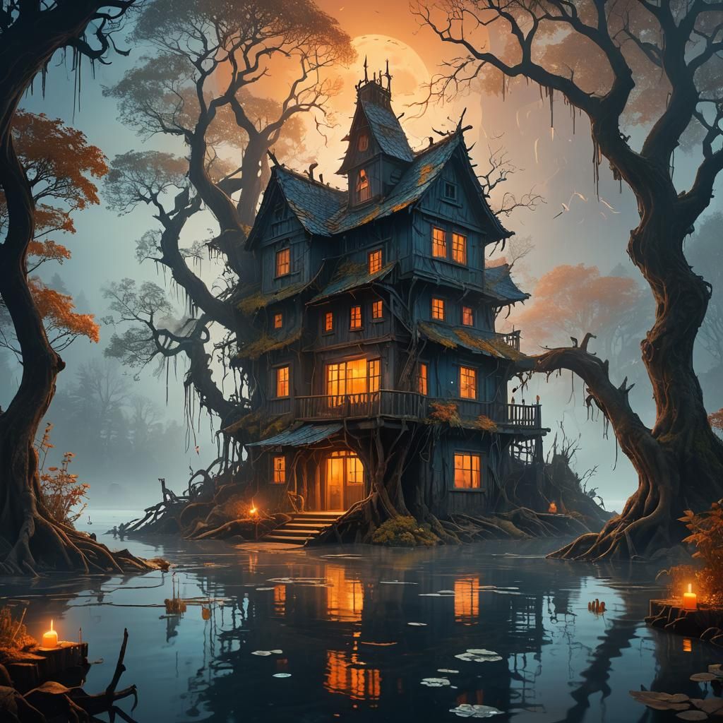 Mystical Lake Island House in Matte Painting Style