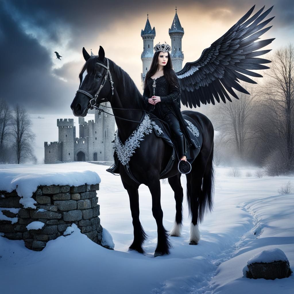 Gothic Angel on Horse with Abandoned Castle