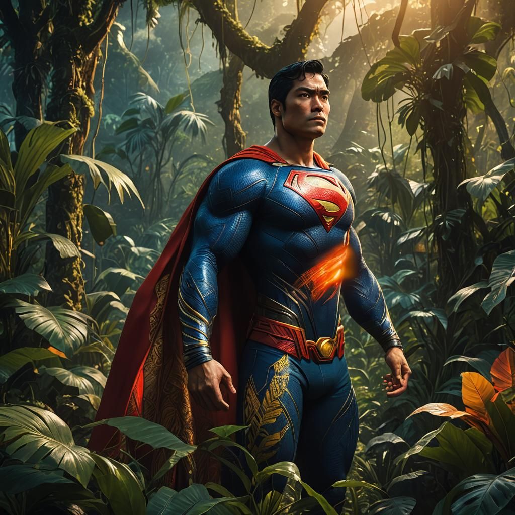 Vibrant Jungle Hero: Filipino Superman in Hyper-Realistic Co...
