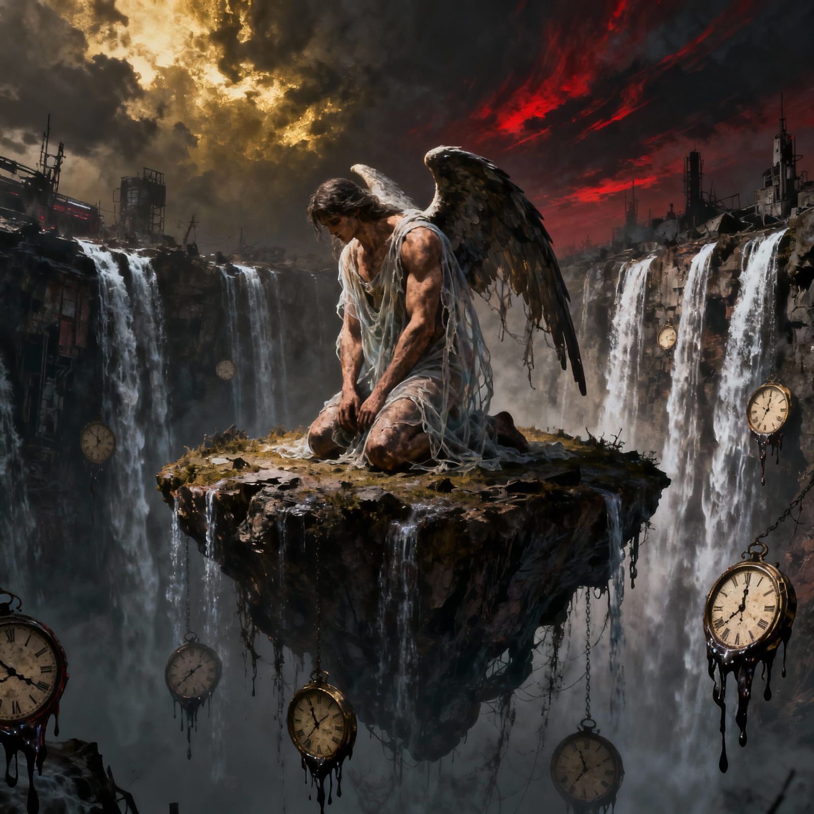 Fallen Angel on Floating Island with Surreal Waterfalls