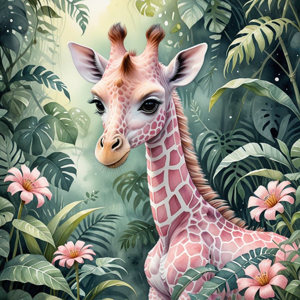Whimsical Watercolor Giraffe in a Serene Jungle