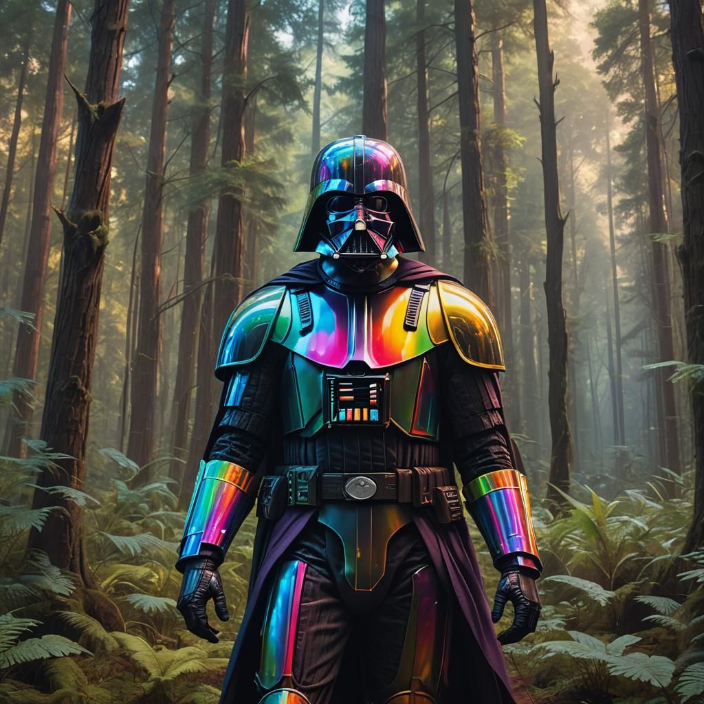 Rainbow Darth Vader in Mystical Forest, Sci-Fi Art