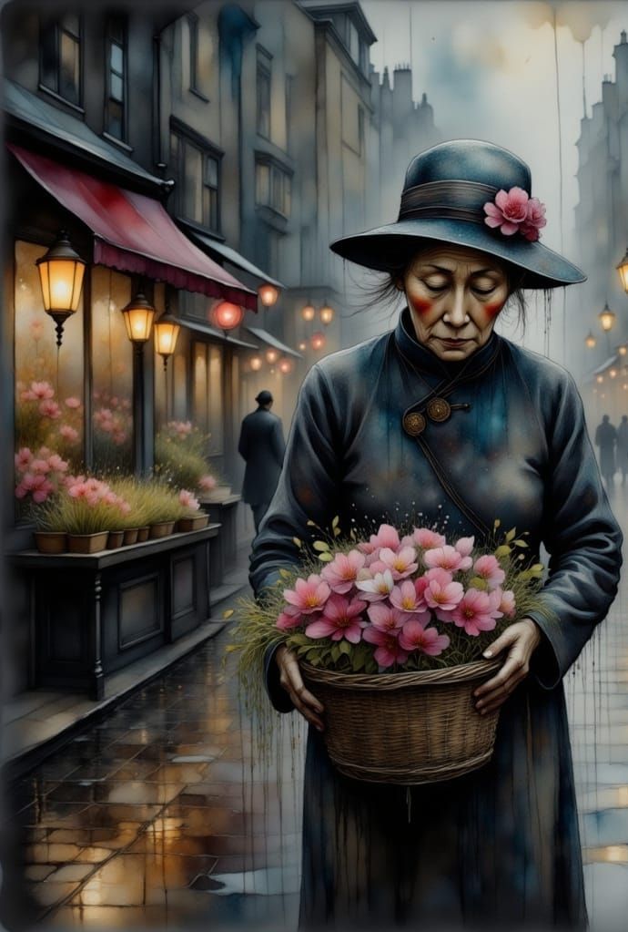 Elderly Chinese Flower Seller on Foggy London Street