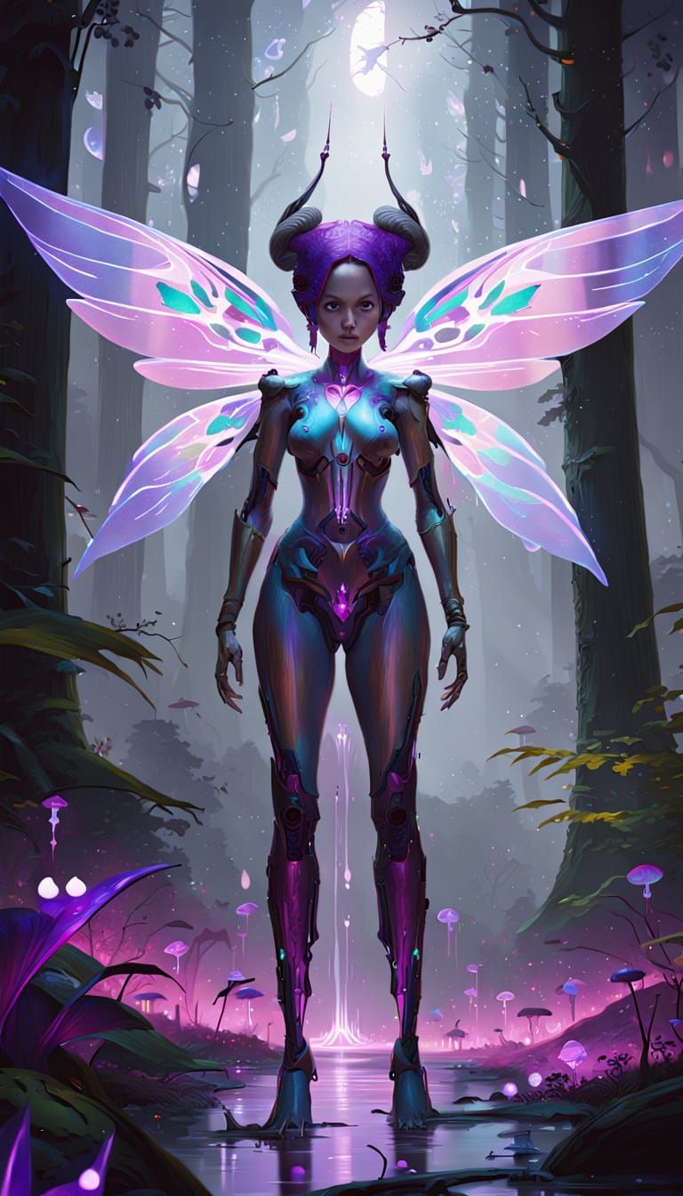 Cyborg Fairy Concept Art with Neon Lights