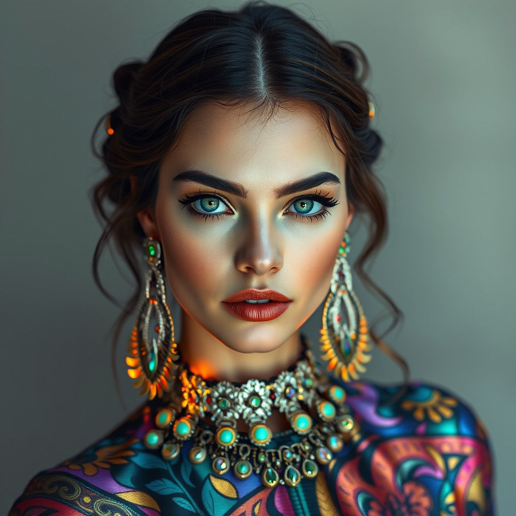 Woman in Opulent Attire with Cyberpunk Jewellery