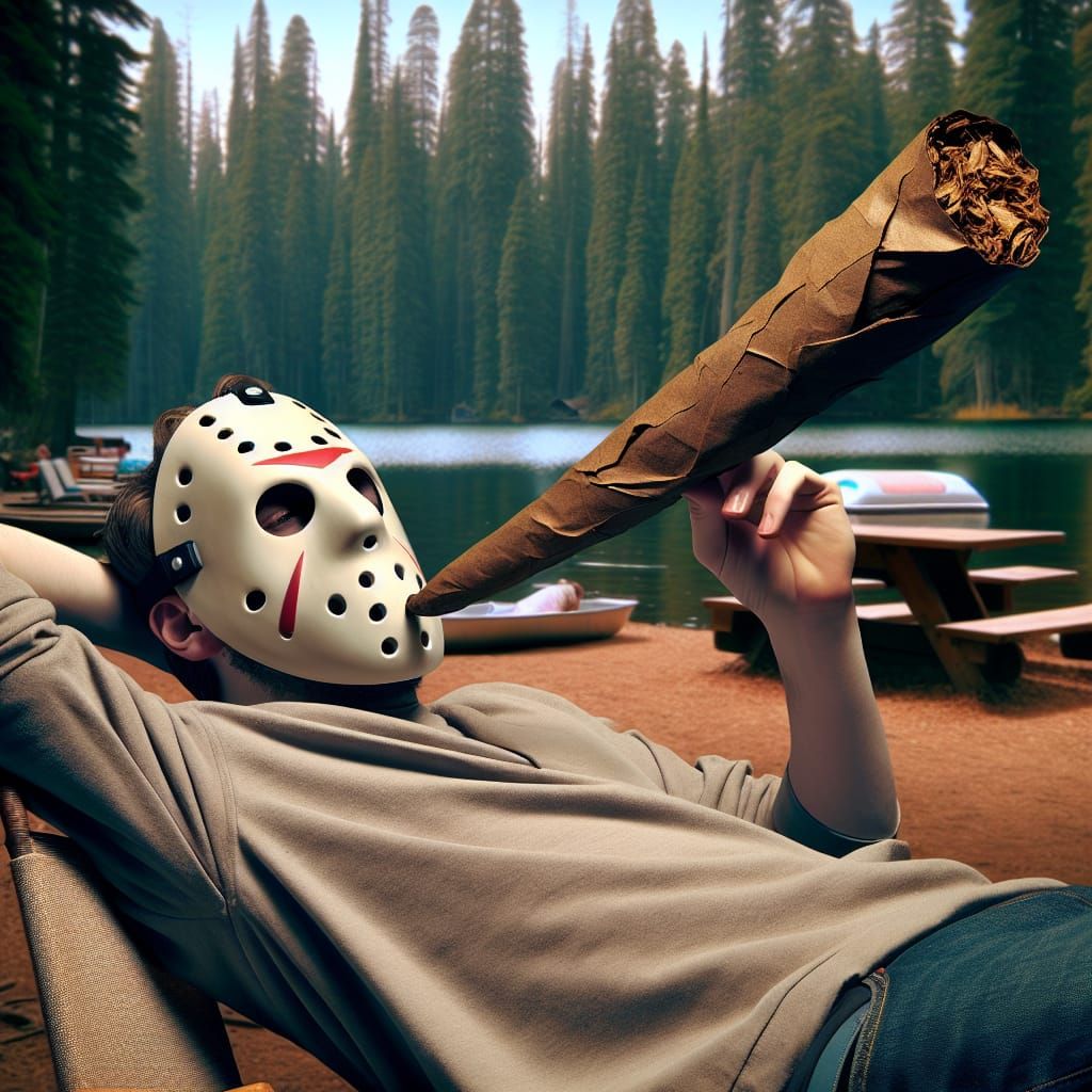 Hockey Masked Character Smoking at Crystal Lake