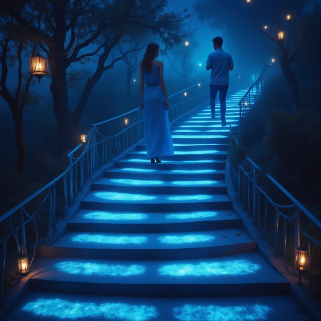 She watches the light of the lantern on the stairs of blue i...