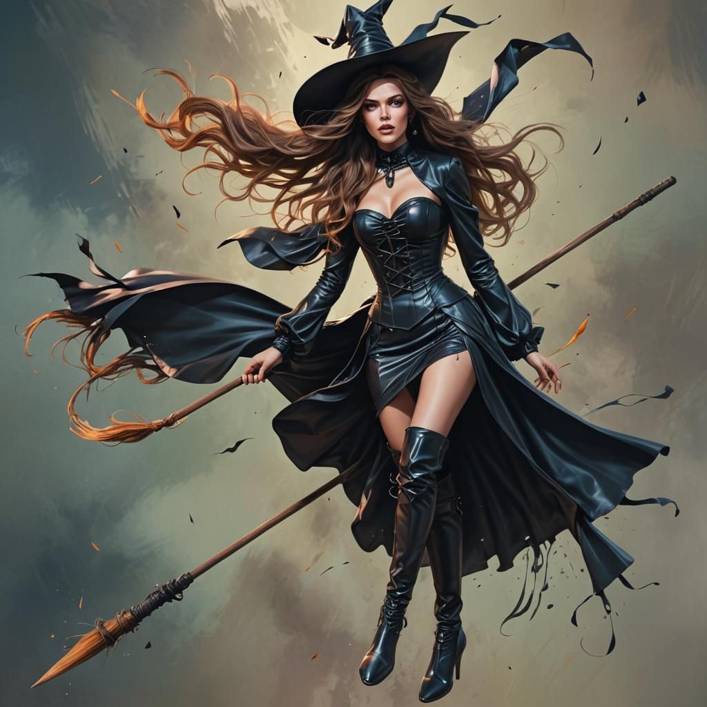 Young Witch Flying on Broomstick in Hyperrealistic Style