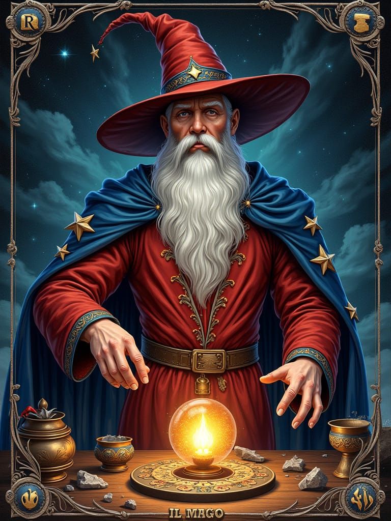 A Powerful Sorcerer in a Mystical Aura, Dominating the Card....