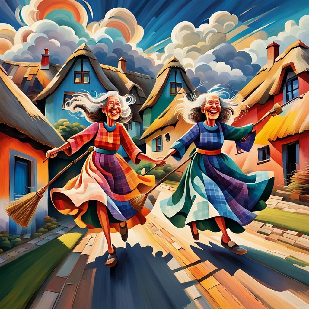 Abstract Cubist Witches Fly Over Village