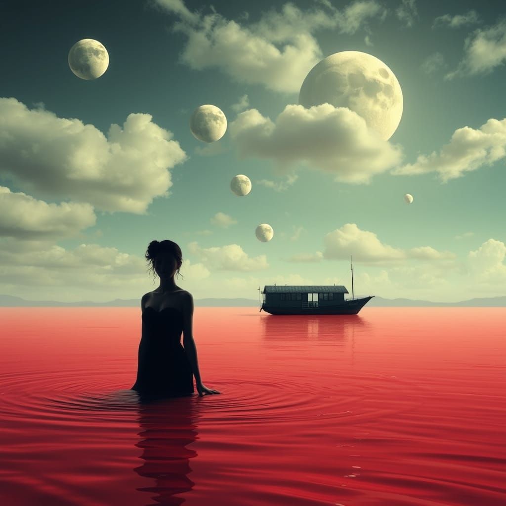 Surrealistic Figure Emerges from Blood Red Waters, Surrounde...
