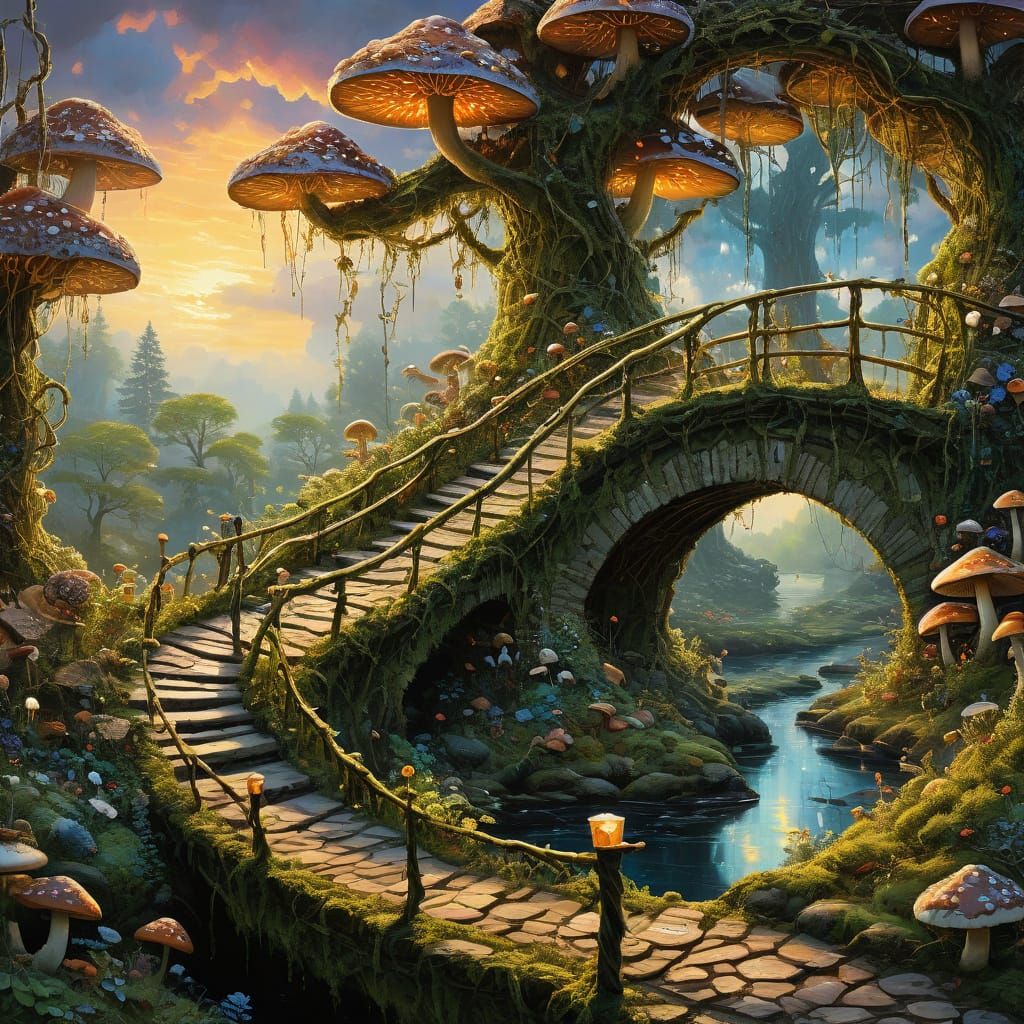 Vibrant Impasto Landscape with Iridescent Vine Bridge and Fa...