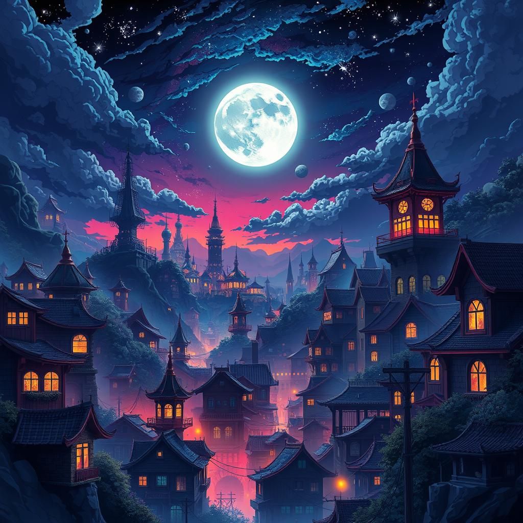 Mystical Moonlit Cityscape in Anime Style