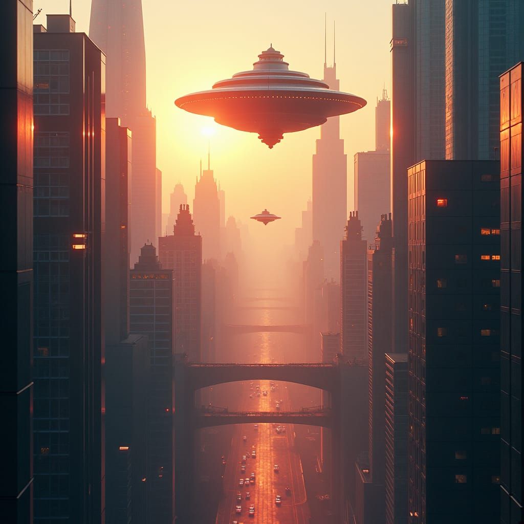 Futuristic Metropolis Sunset with Flying Cars