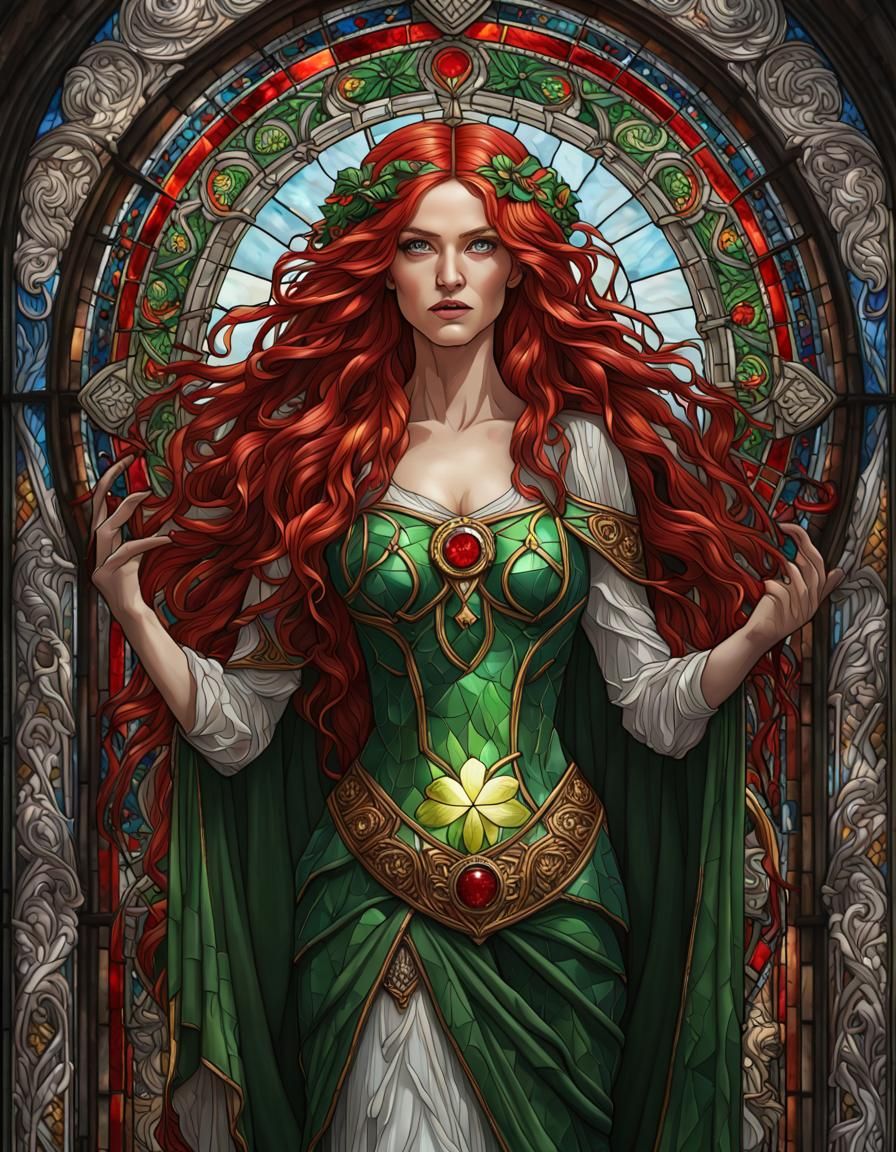 Detailed Stained Glass Irish Goddess Illustration