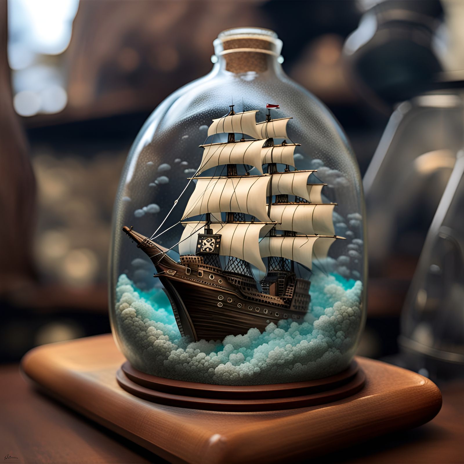 Pirate Ship in a Bottle Amidst Storm