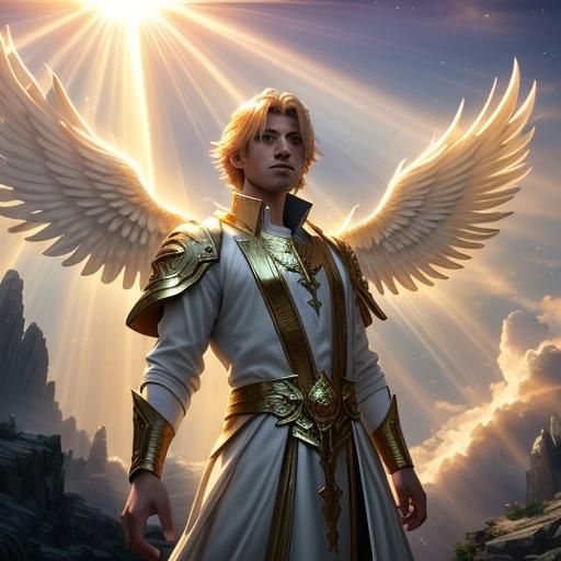 Hyperrealistic Male Angel in Heavenly Scene
