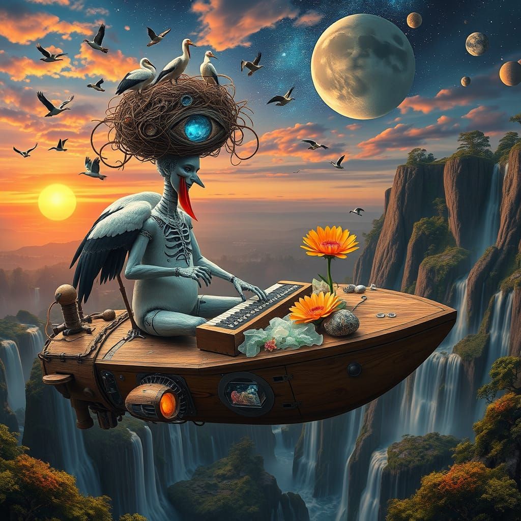 Surreal Stork Poets in Sunset Galaxy