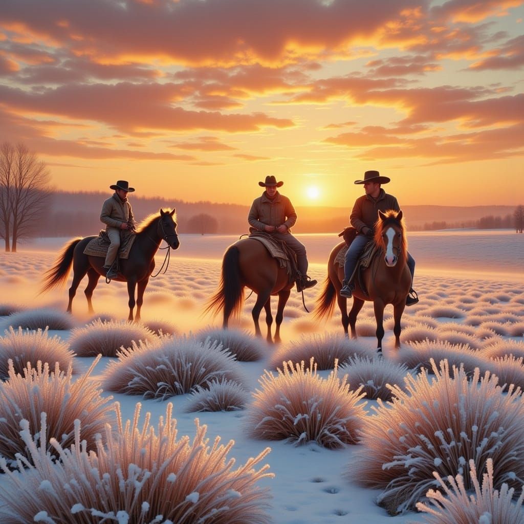 Cowboys Return to Ranch at Sunset as Oil Painting