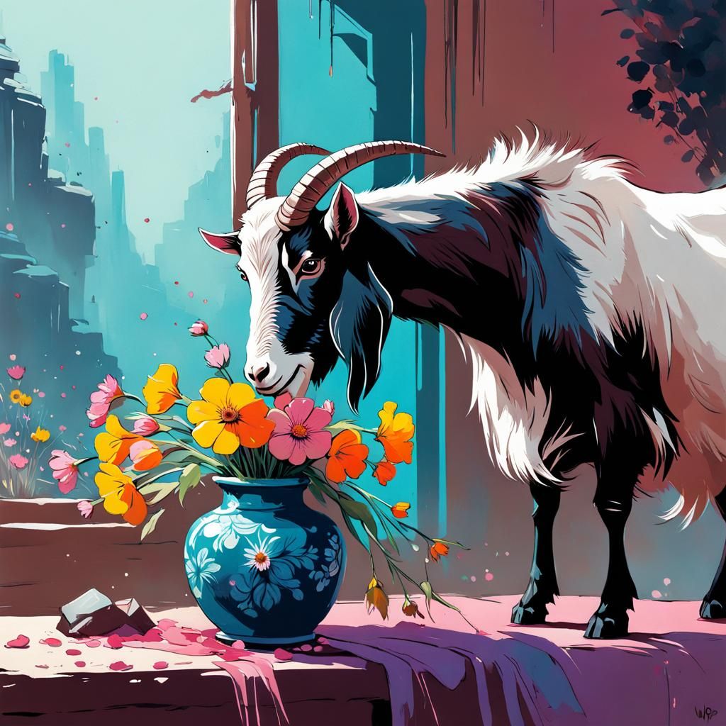Goat's Floral Feast: a Gouache Fantasy