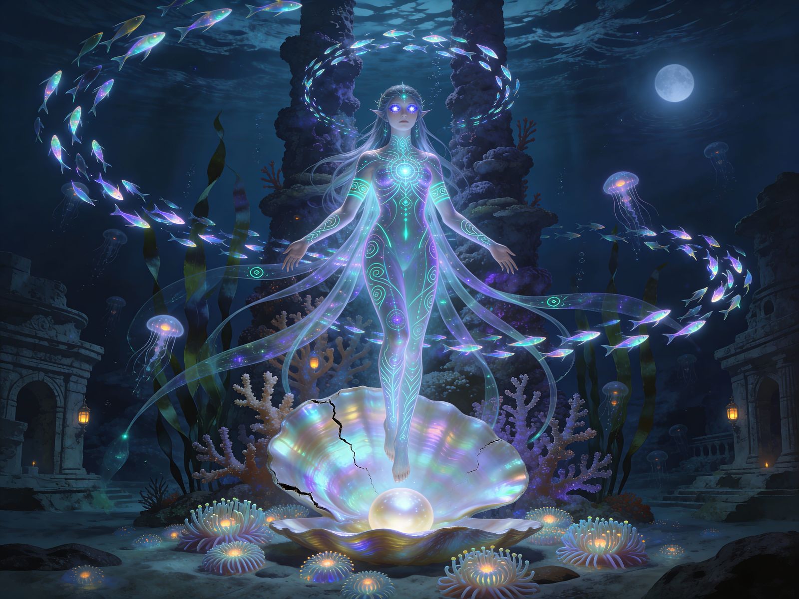 Bioluminescent Sea Priestess Ascends from Pearl Shell
