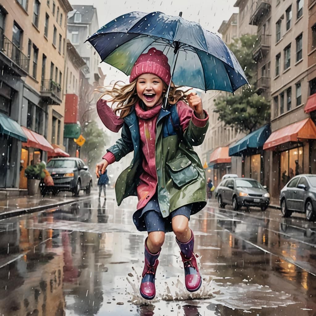 Girl's Rainy Day Joy in Watercolor Style