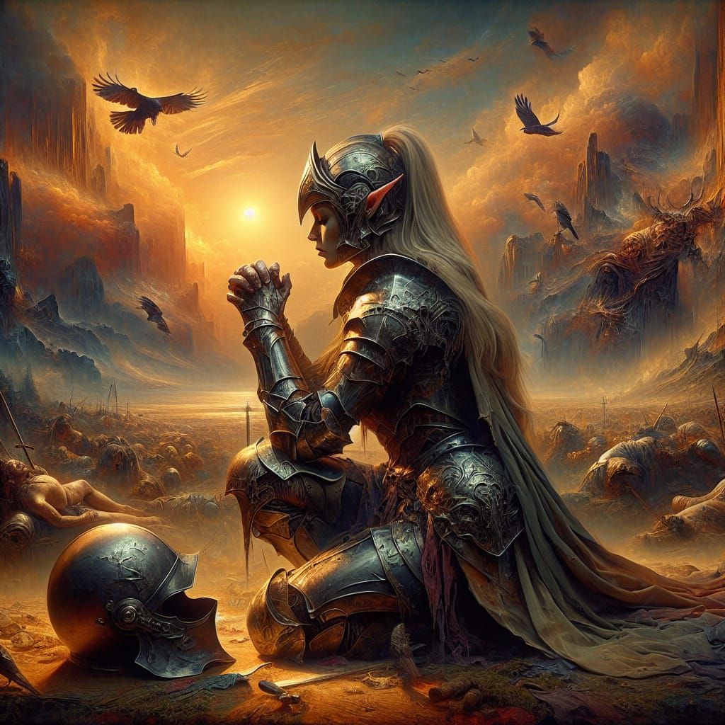 Ethereal Elf Knight Amidst Desolate Landscape in Tenebrism S...