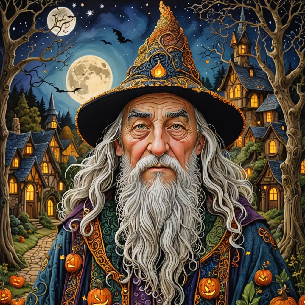Wise Old Wizard in Enchanted Forest, Naive Art