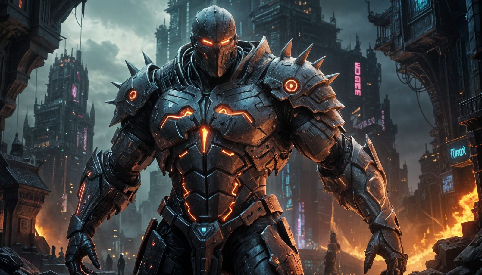 Cyberpunk Golem in Neon Futuristic City